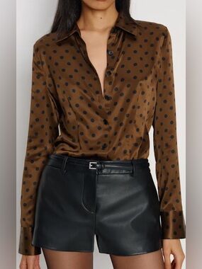 The Reformation Raya Fitted Silk Shirt – Portobello Dot – Size 0 – NWT